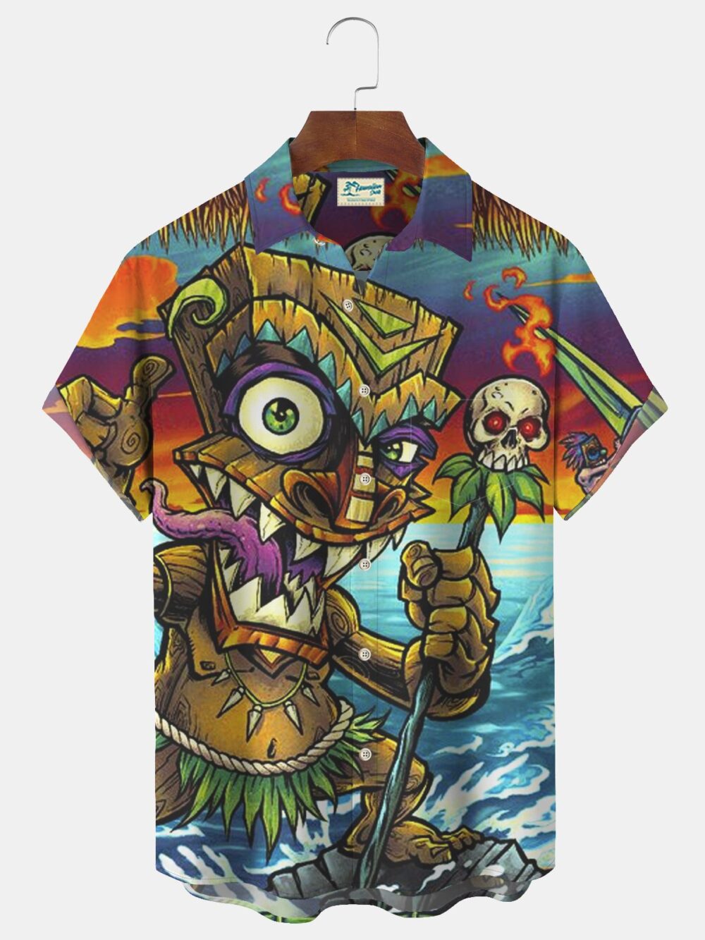 Mens Hawaii Tiki Print Front Buttons Soft Breathable Casual Hawaiian Shirt BGR2765343 - Boogor