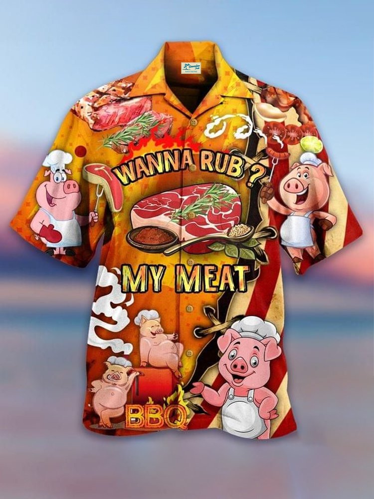 Men's Holiday Pork Food Wanna Rub My Meat Pattern Hawaiian Button Up Hawaiian Shirt BGR2765287 - Boogor