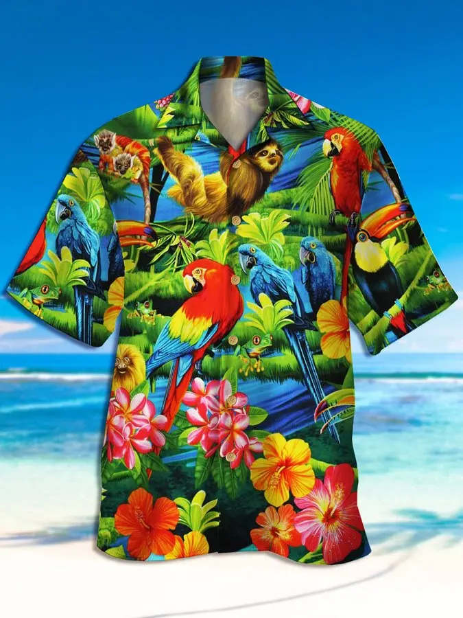 Men's Parrot Print Casual Breathable Hawaiian Shirt BGR2765332 - Boogor