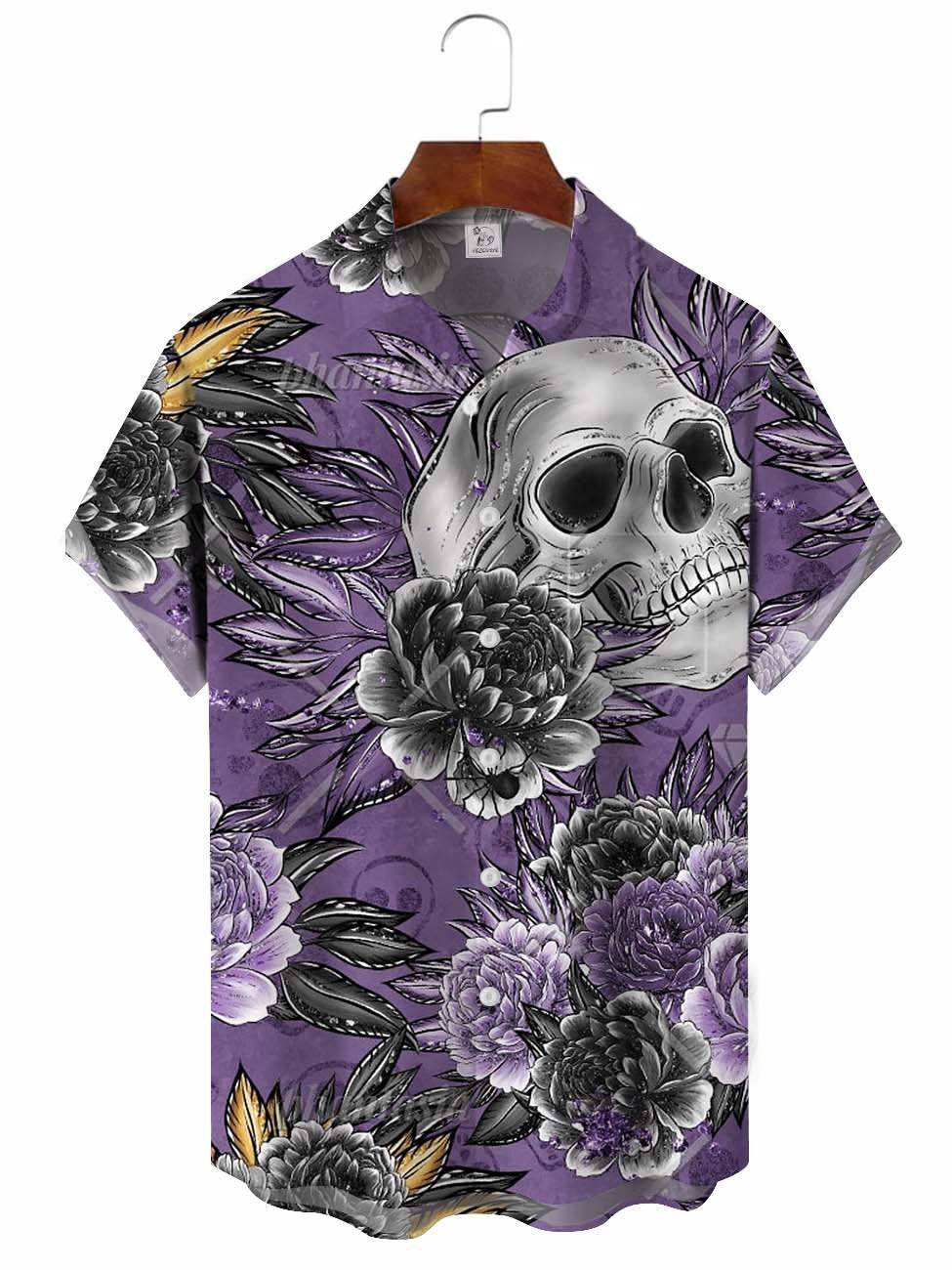 Men's Purple Hawaiian Floral Skull Hawaiian Shirt BGR2765167 - Boogor
