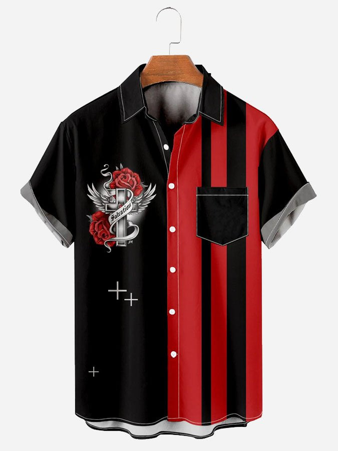 Men's Rose Cross Print Casual Vintage Bowling Hawaiian Shirt BGR2765244 - Boogor