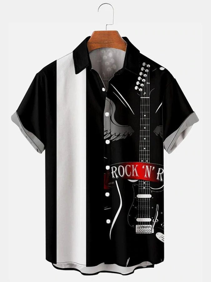 Men's Simple Casual Music Electric Guitar Splicing Lapel Hawaiian Shirt BGR2765301 - Boogor