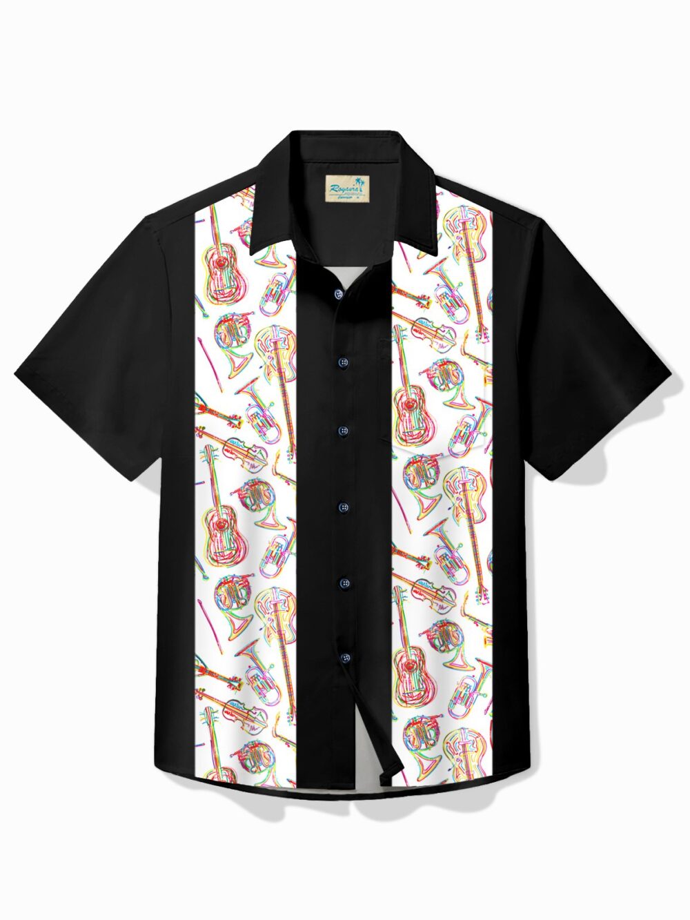 Men's Vintage Bowling Instrument Guitar Print Casual Hawaiian Shirt BGR2765040 - Boogor