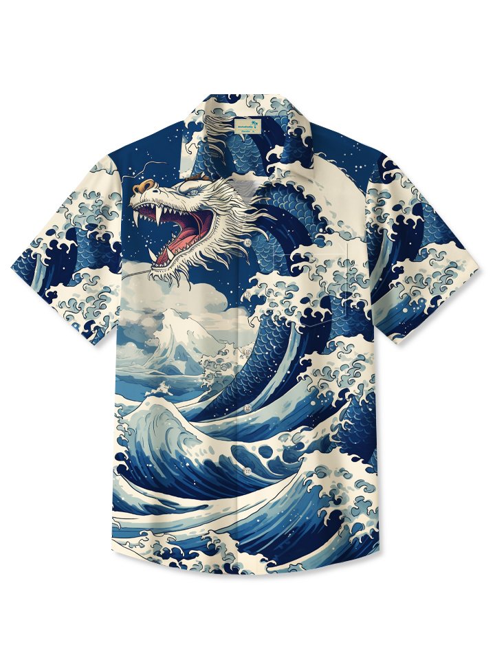 Men's Vintage Japanese Ukiyoe Wave Dragon Hawaiian Shirt BGR2765249 - Boogor