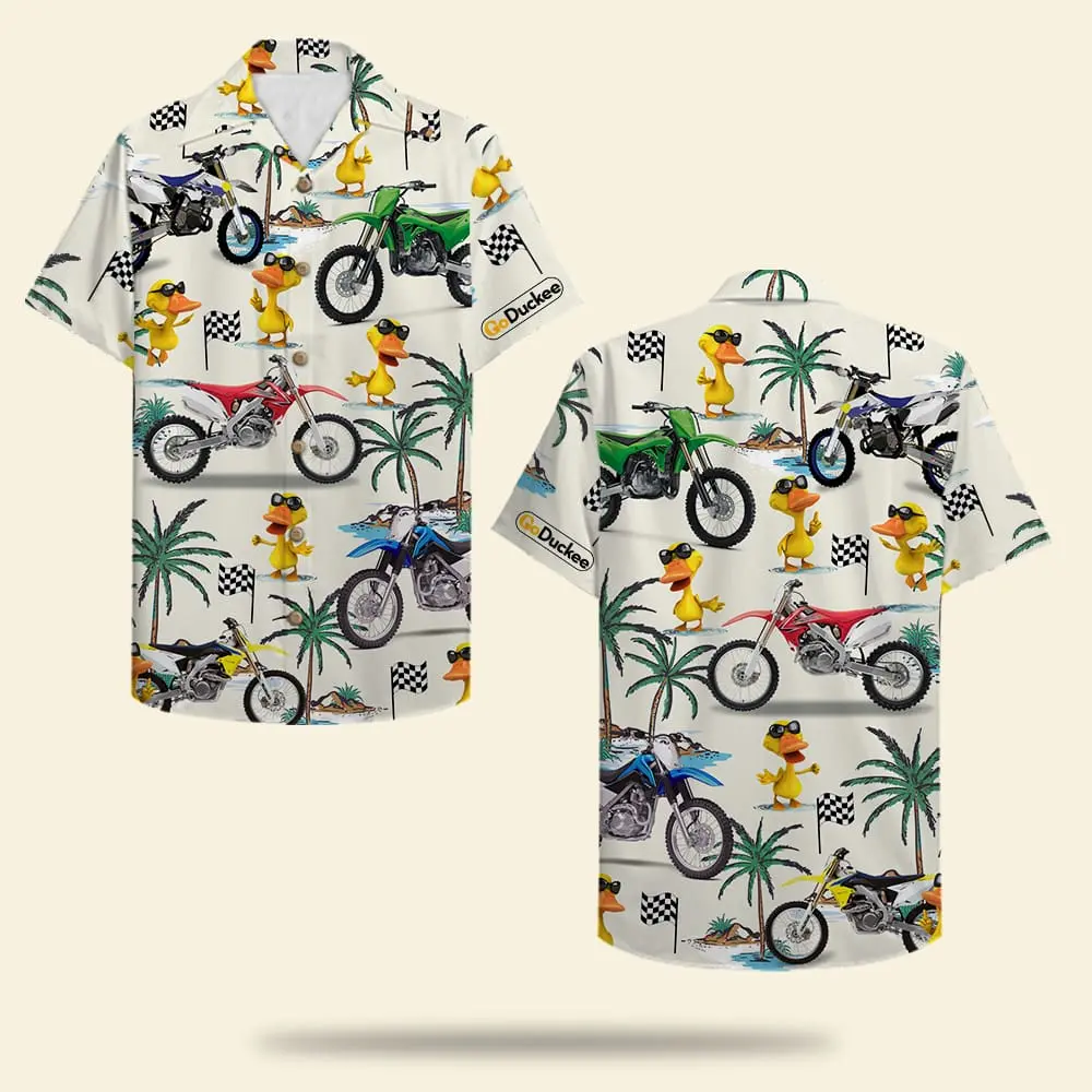 Motocross Duck Unisex Hawaiian Shirt Aloha Shirt Summer Vibe Dirt Bike and Fancy Duck Pattern BGR2765607 - Boogor