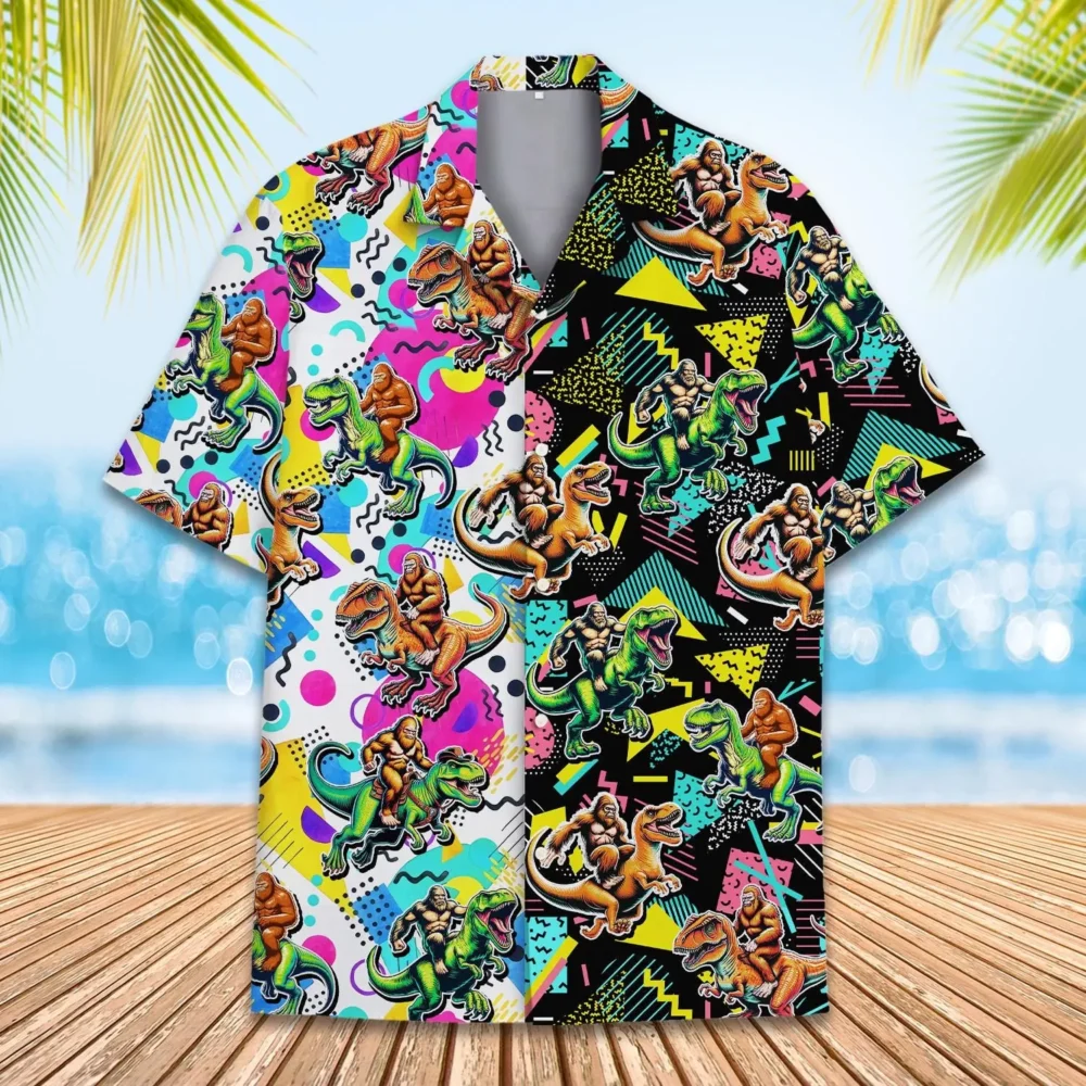 Retro Bigfoot Riding Dinosaur Unisex Hawaiian Shirt Aloha Shirt BGR2765678 - Boogor