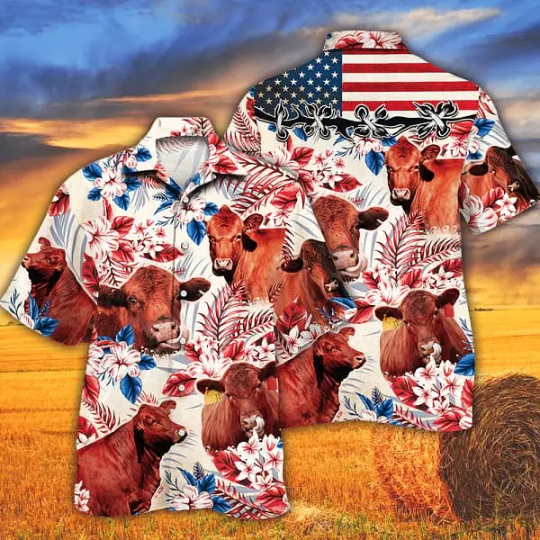 Red Angus Cattle Lovers American Flag Trendy Hawaiian Shirt Cow Trendy Hawaiian Shirt For Summer Gifts BGR2765015 - Boogor
