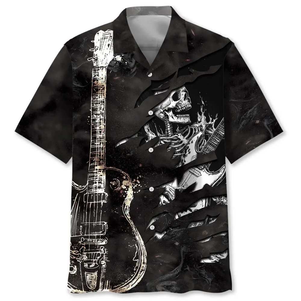 Skull Guitar Black And White Hawaiian Shirt BGR2764870 - Boogor