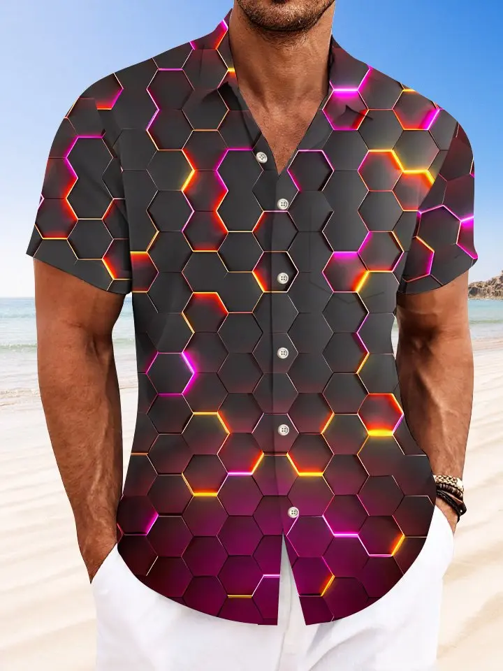 Summer Geometric Pattern 3D Stereo Men's Casual Vacation Hawaiian Shirt BGR2765072 - Boogor