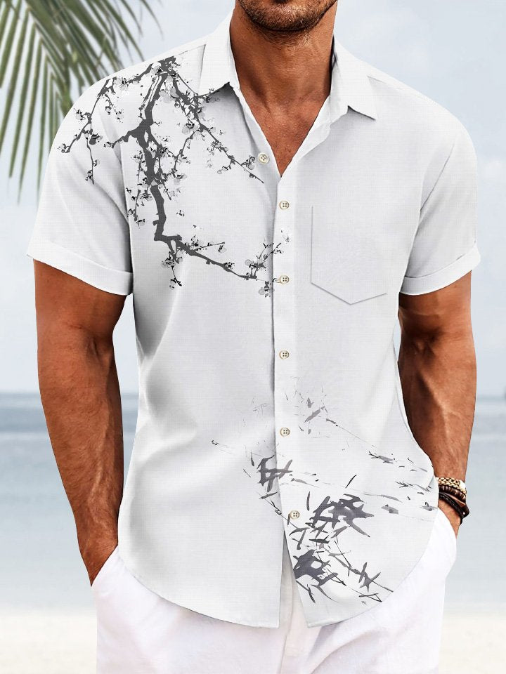 Summer Plants Bamboo Peach Blossom Landscape Painting Buttons Leisure Vacation Men's 50s Vintage Bowling Hawaiian Shirt Short Sleeve BGR2765205 - Boogor