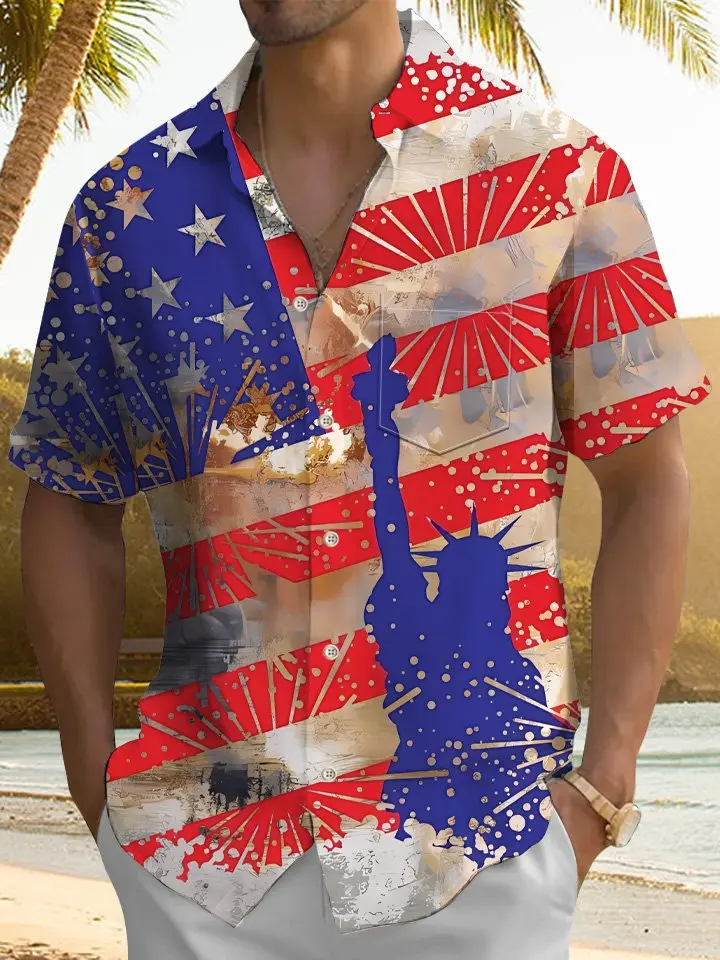 Summer Vintage Independence Day Flag Vacation Casual Hawaiian Shirt BGR2765199 - Boogor
