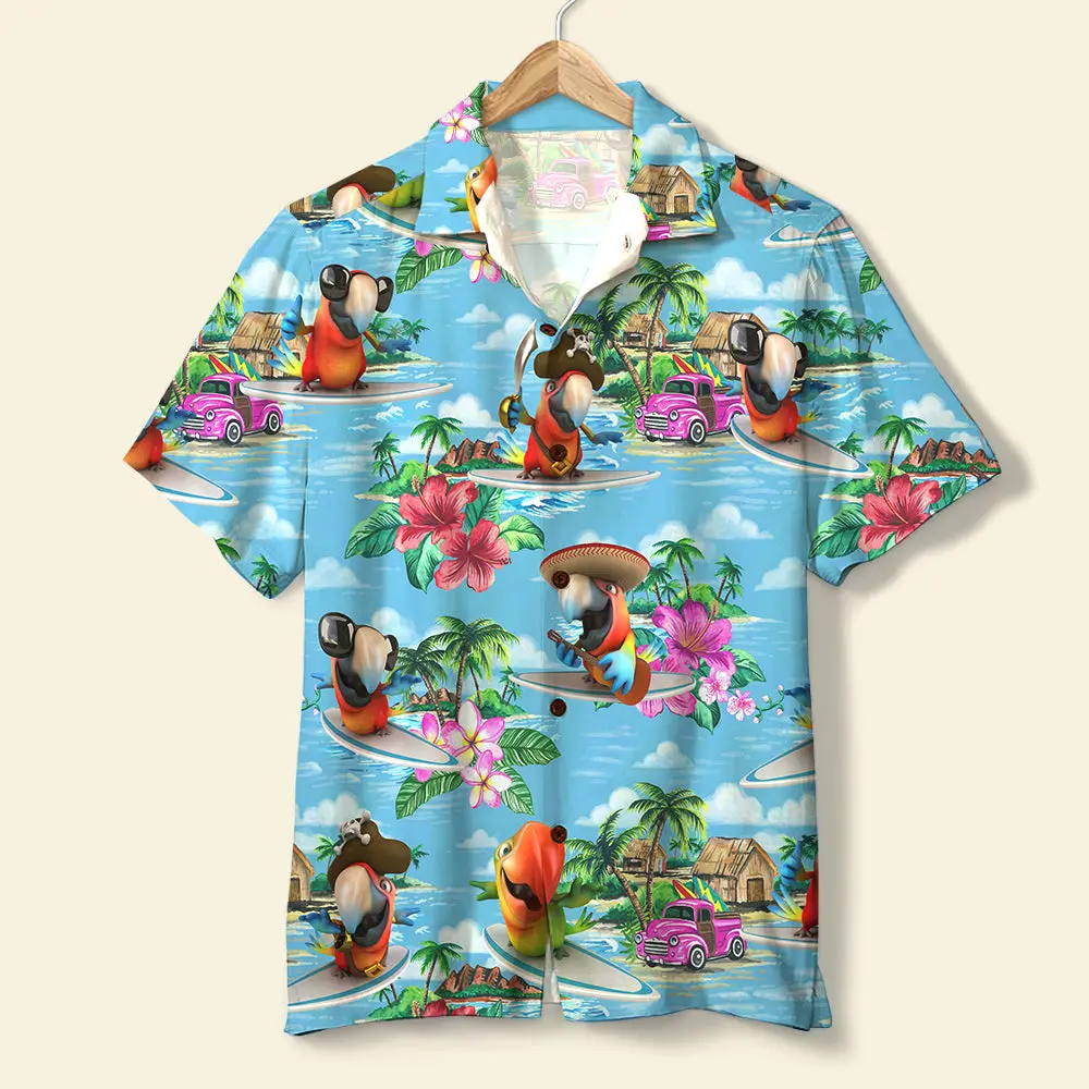Surfing Parrot Unisex Hawaiian Shirt Aloha Shirt Summer Vibe Tropical Island Scenes BGR2765582 - Boogor
