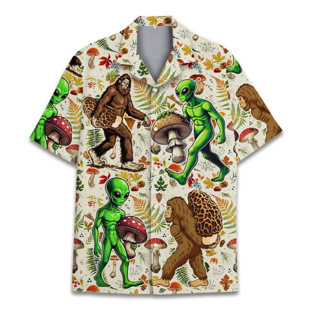 Bigfoot And Alien Mushroom Unisex Hawaiian Shirt Aloha Shirt BGR2765672 - Boogor