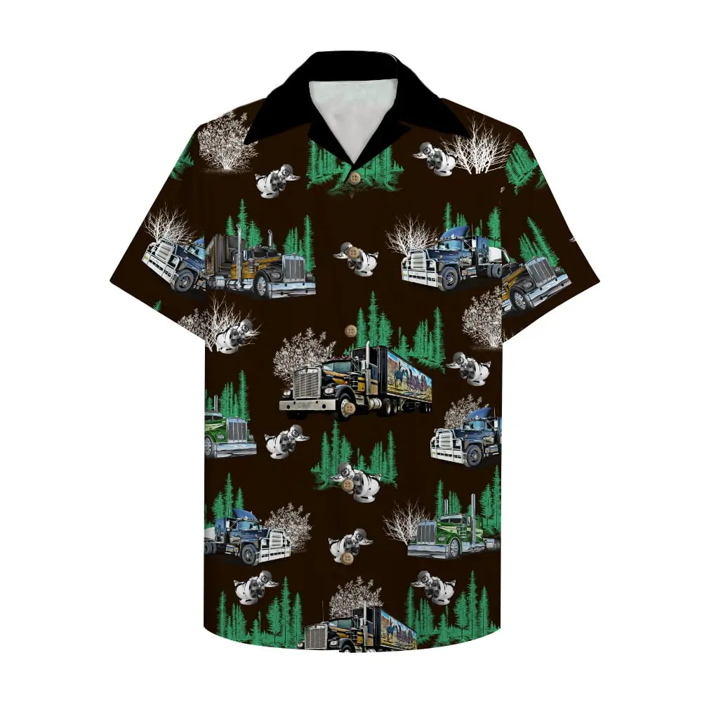 Trucker Unisex Hawaiian Shirt Aloha Shirt With Semitruck Pattern BGR2765651 - Boogor
