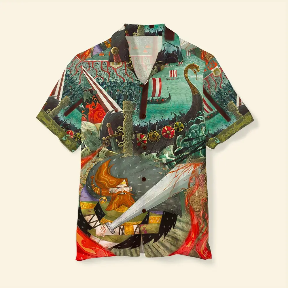 Viking Unisex Hawaiian Shirt Aloha Shirt Summer Vibe Viking Warrior Doodle Art Pattern BGR2765593 - Boogor