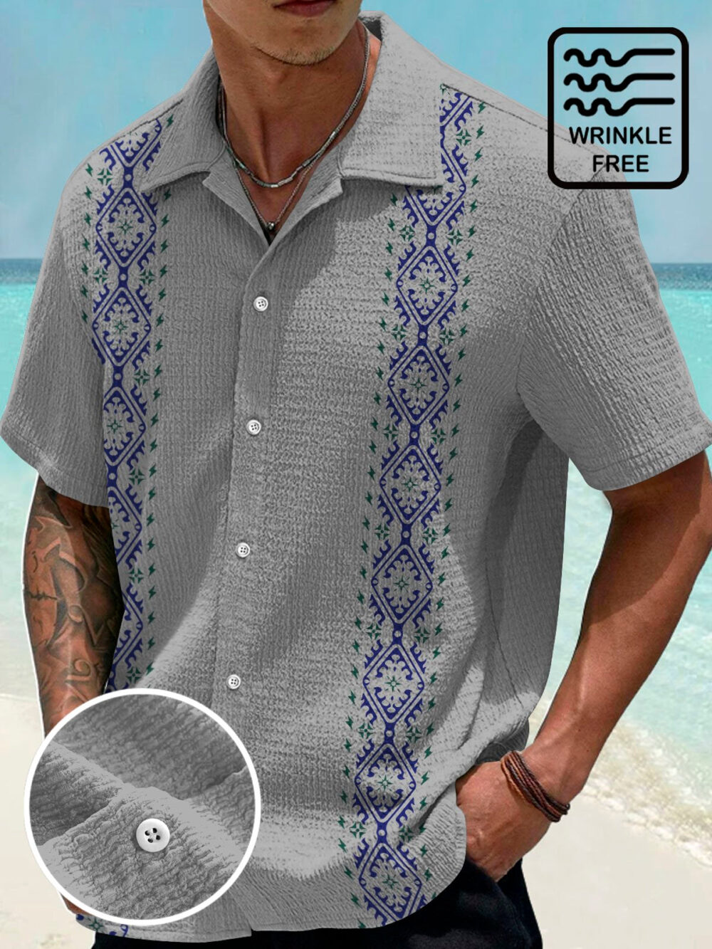 Vintage Bowling Ethnic Pattern Print Men's Seersucker Stretch Hawaiian Shirt BGR2765215 - Boogor