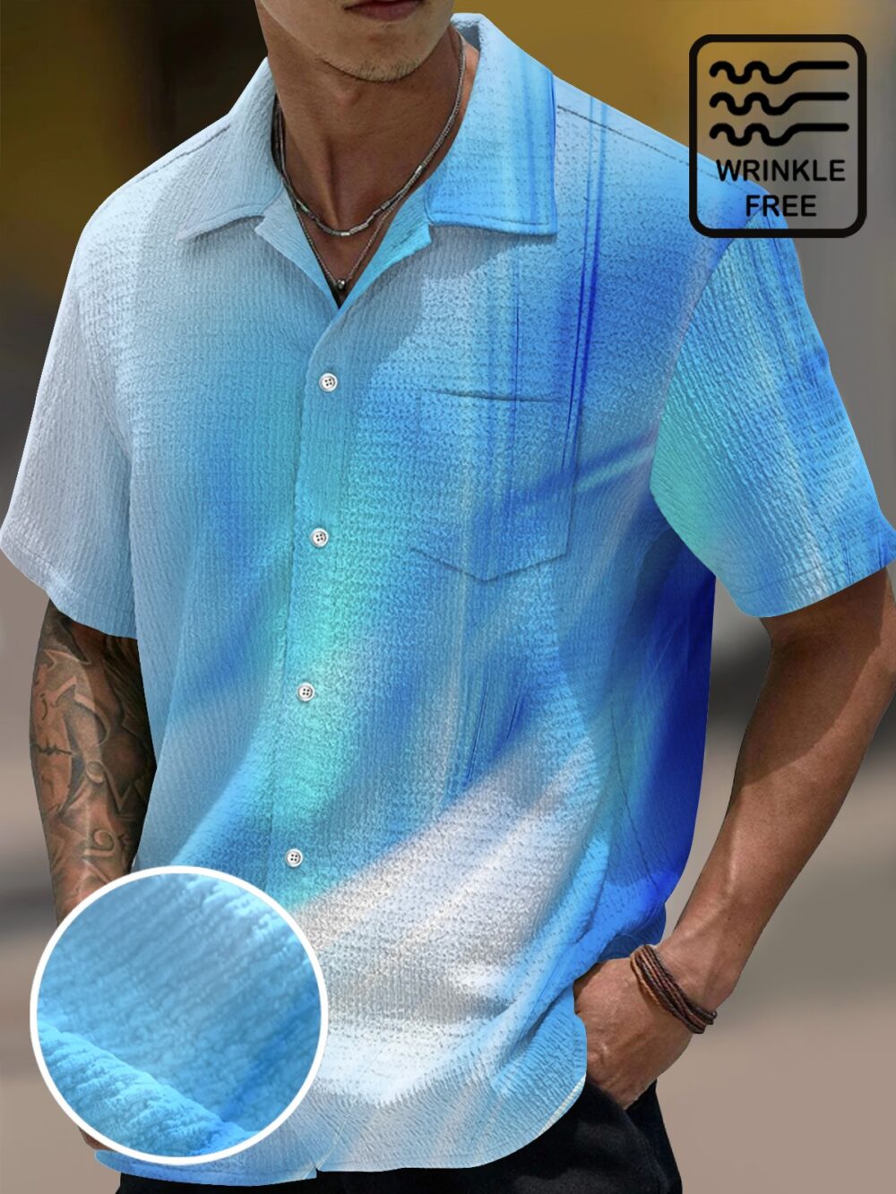 Vintage Gradient Print Men's Seersucker Stretch Hawaiian Shirt BGR2765217 - Boogor