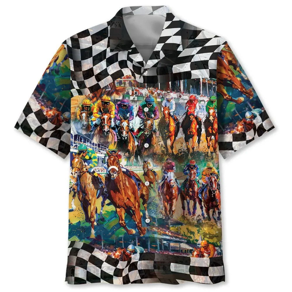 Vintage Horse Racing Checkered Hawaiian Shirt BGR2764924 - Boogor
