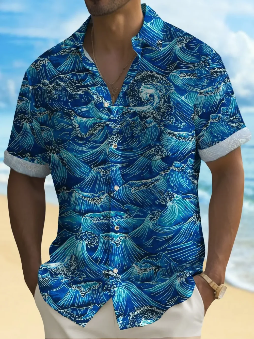 Vintage Japanese Blue Men's Hawaiian Shirt Stretch Easy Care Camp Shirt Big Tall BGR2765033 - Boogor