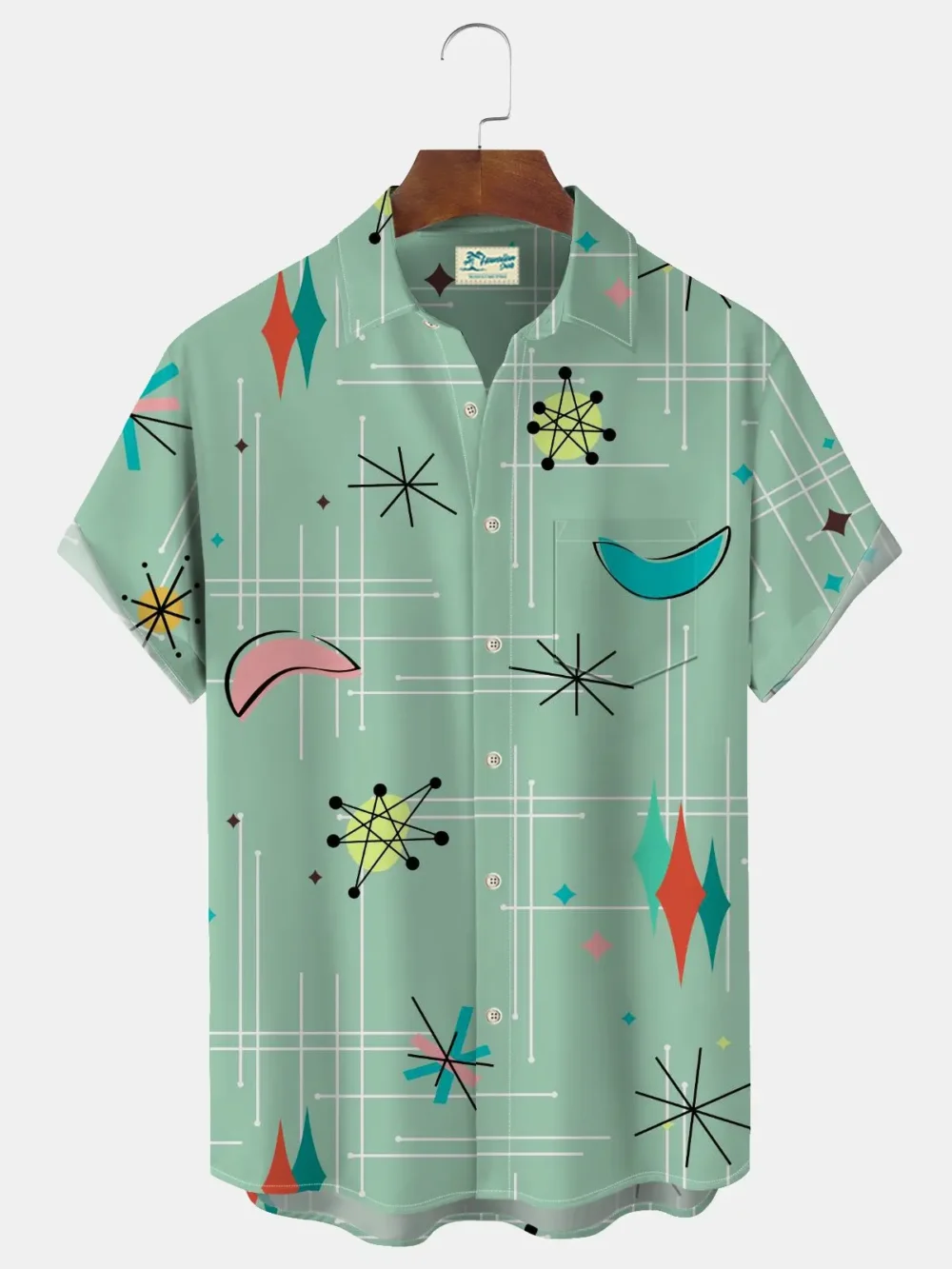Vintage Mid-Century Geometric Green Men's Camp Shirt Easy Care Hawaiian Shirts Big Tall BGR2765175 - Boogor
