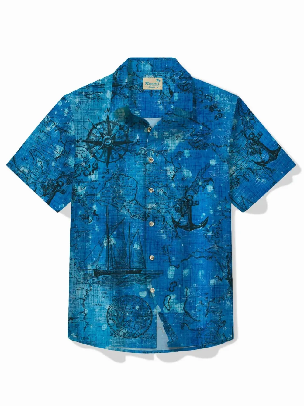 Vintage Nautical Blue Men's Hawaiian Shirt Map Art Stretch Easy Care Camp Shirt Big Tall BGR2765034 - Boogor