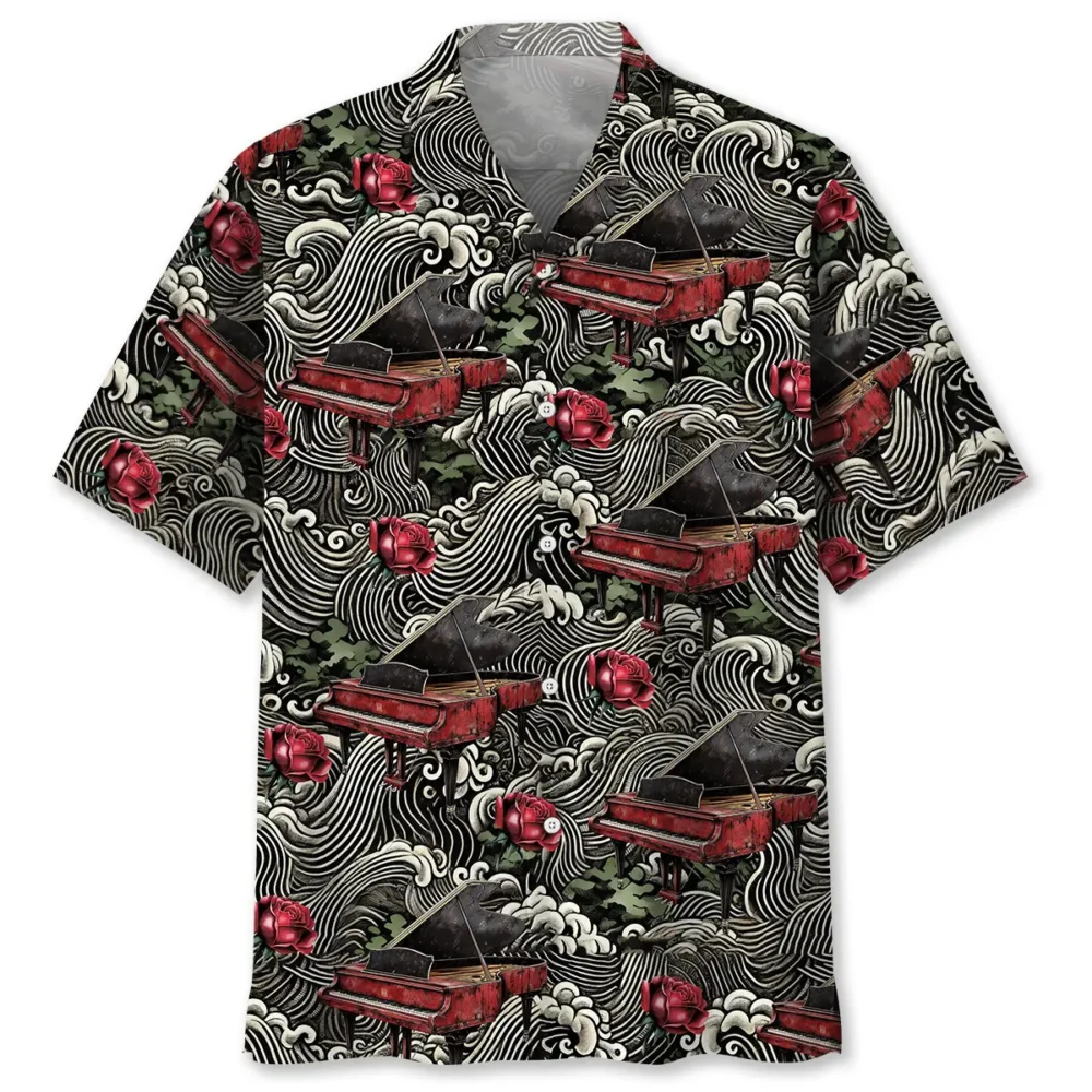 Vintage Red Grand Piano Rose Hawaiian Shirt BGR2764843 - Boogor
